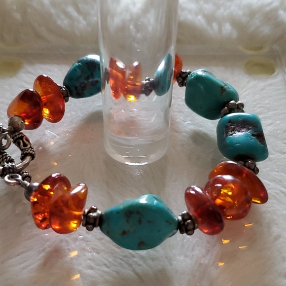 Amber and Turquoise Silver Bracelet - Picture 5 of 7